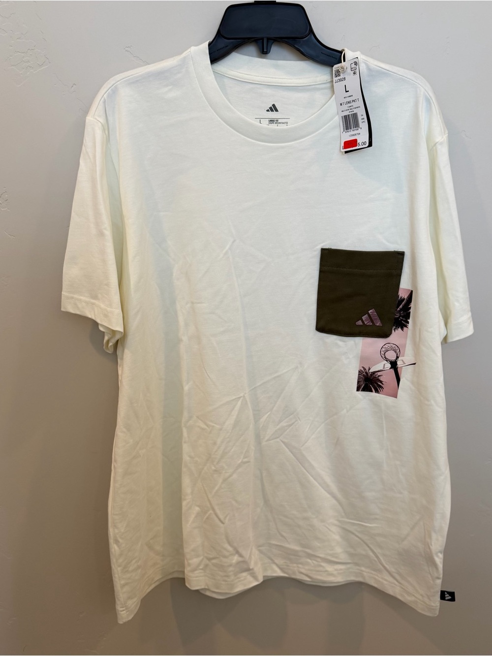 Adidas Basketball Pocket Tee Shirt, Loose Fit, Off White, Large - Picture 4 of 8
